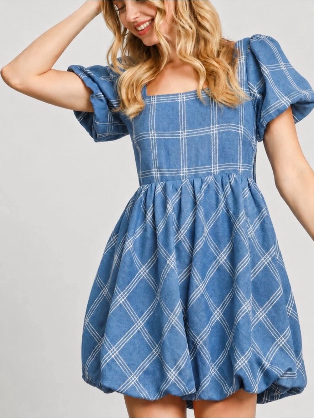 Umgee Blue Plaid Puff-Sleeve Mini Dress